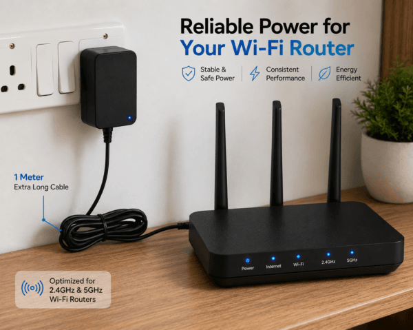 12V 2.5A power adapter connected to WiFi router with 1 meter cable for stable internet power supply